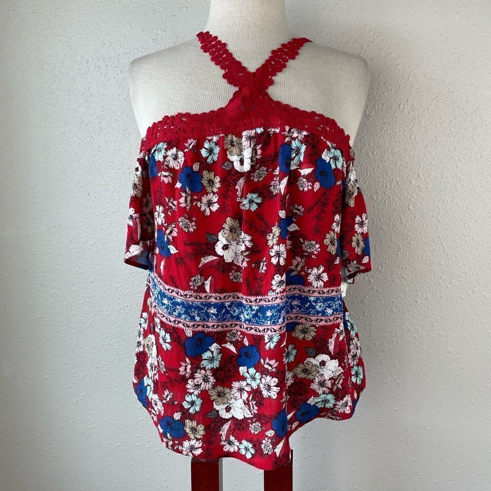 NWT Self Esteem Shoulder-less Floral Top Size L